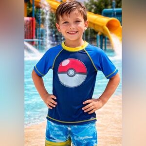 Pokémon Boys Rash Guard Blue Poké Ball Swim Shirt Size Small UPF 50+
